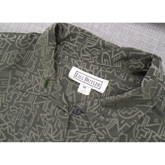 Lili Butler Silk Button Blouse Size Women's Medium Abstract Pattern Shoulder Pad - Picture 2 of 11